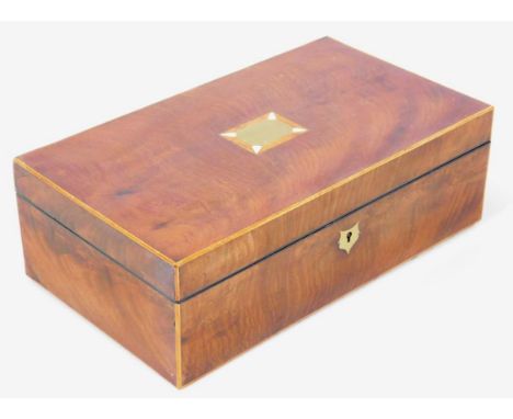 A 19thC mahogany and boxwood strung jewellery casket, of rectangular outline with fancy (vacant) cartouche hinging to reveal 