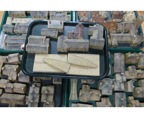Various railway related plaster style buildings, pottery finish plaster train accessories, cottages, 12cm wide, part stations