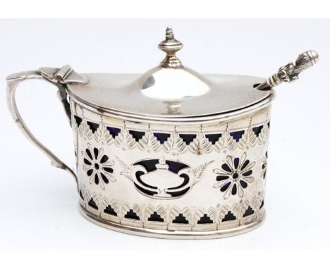 A Victorian silver mustard pot, with shaped oval lid, urn finial, thumb mould acanthus leaf handle, pierced oval body centred