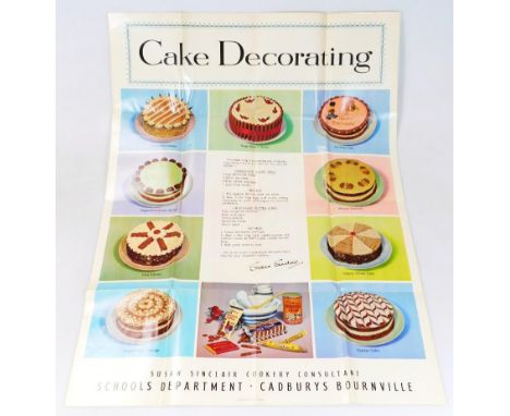 A mid 20thC Susan Sinclair Cadburys Bourneville cake making poster, polychrome decorated with transfers of various cakes with