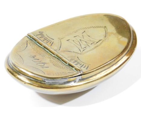 An Edwardian brass snuff box, of half shell oval outline, initialled WV and dated 1904 to the body, with a hinged lid and pla