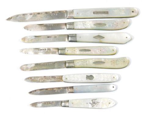 A George III silver and mother of pearl fruit knife, with part etched blade and fancy handle, marked Doris, Sheffield 1819, (