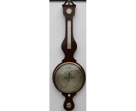 A large mid 19thC wheel barometer, by W Adamassi Manchester, the mahogany ebony and boxwood strung case, with dry damp gauge,