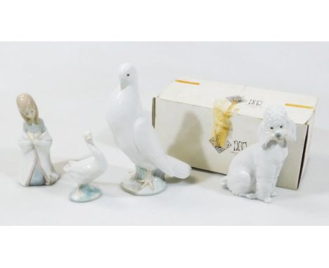 A 20thC Nao figure of a dove, 21cm high, a Lladro figure of a kneeling girl and a further Lladro figure of a goose (3, with o