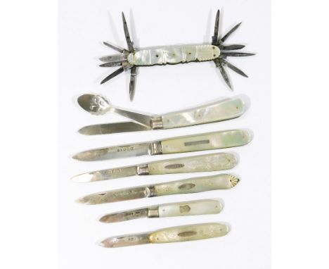 A Victorian silver and mother of pearl folding fruit knife, and  shaped floral handle, marked EK Ross, Birmingham 1893 (when 