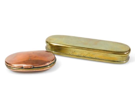 A late 19thC brass tobacco box, of oval outline, initialled to the frieze HHSSM with a plain interior, 14cm wide, and an earl