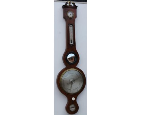 A mid 19thC wheel barometer, by Cusa Gainsborough, the mahogany boxwood and ebony strung case, with a dry damp gauge, thermom