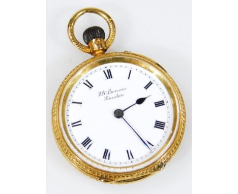 An Edwardian 18ct gold ladies fob watch, the circular enamel Roman numeric dial marked Benson, London, before a named and num