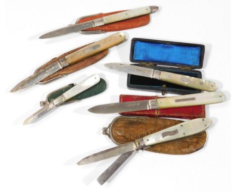 A Victorian silver and mother of pearl handled fruit knife, the shaped handle with cartouche named E Fisher, with plain blade