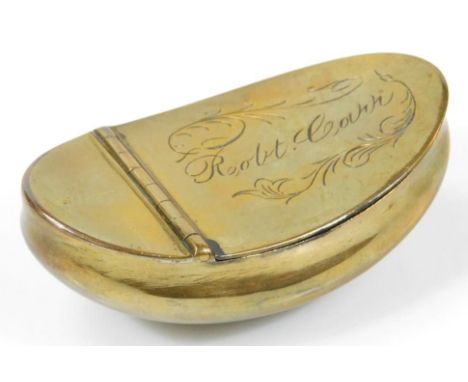 An early 20thC brass snuff box, of half shell outline, the hinged lid marked ROBT.CARR, with a floral scroll decoration and p