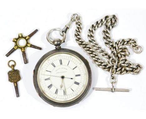 A George VI silver pocket watch, with white enamel dial, marked centre seconds chronograph, with blue seconds hand, keywind m