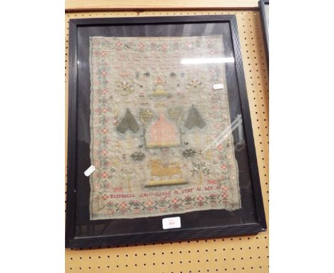 A finely worked 18thC sampler, the central panel having architectural and garden design with an inscription above and floral 
