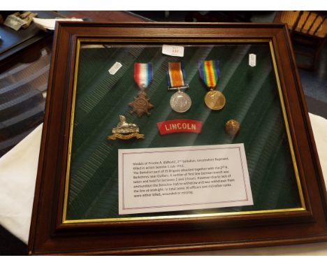 A group of medals to Private A. Adhurst, 2nd Battalion, Lincolnshire Regiment, (killed in action Somme 1st July 1916) compris