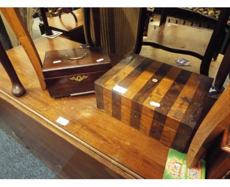 A George III mahogany three section tea caddy with brass fitting raised on bracket feet together with a marquetry jewellery b