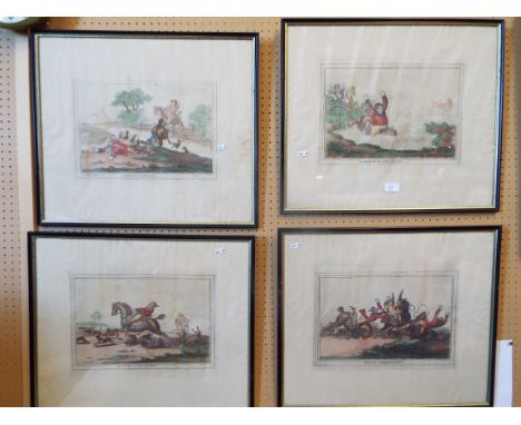 A set of four early 19thC engravings of fox hunting with hand coloured detail, published London, 1800 by H. Humphrey, titled 