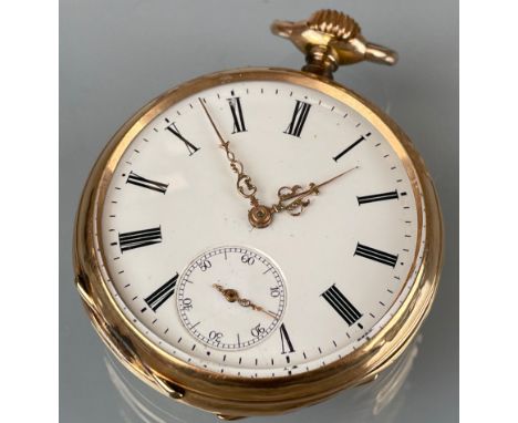 Herrentaschenuhr 585 Gelbgold. Schweiz.Circa 79,1 Gramm Gesamtgewicht. Circa 46 mm im Durchmesser ohne Krone. Emaille-Zifferb