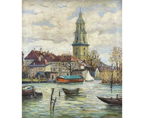 Paul BEHRENDT (1891 - ?). Blick über die alte Fahrt auf die Heiliggeistkirche in Potsdam. 1935.Circa 70 cm x 60 cm. 85 cm x 7