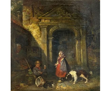 UNLESERLICH SIGNIERT (XIX). Der Eierverkäufer.Circa 48 cm x 42 cm. Gemälde. Öl auf Leinwand. Liebevoll dargestellte Szene ein
