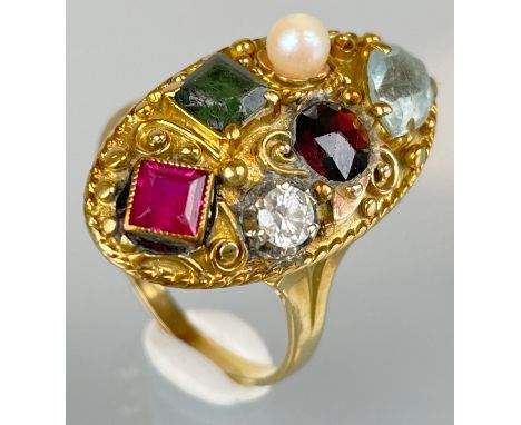 Damenring 585 Gelbgold mit 5 Edelsteinen und einer Perle.Circa 6,6 Gramm Gesamtgewicht. Schmuck. 1 Brillant von circa 0.20 ct