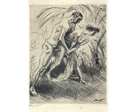 Max SLEVOGT (1868 - 1932). "Frauenraub im Walde". Um 1905/06.Circa 15 cm x 11 cm. Circa 62 cm x 52 cm mit Rahmen. Ätz- und Ka