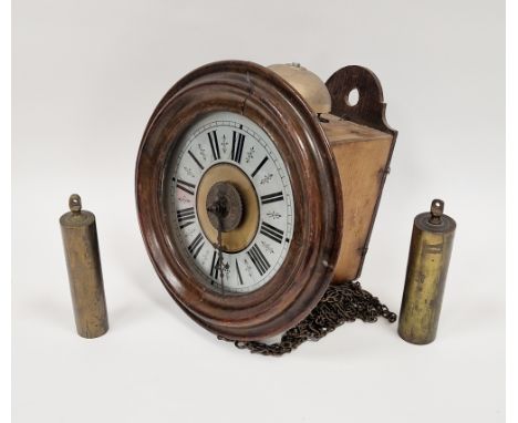 Mahogany cased postmans alarm clock&nbsp;with Roman numerals, inner Arabic numeral dial, 27cm diameter and the brass pendulum