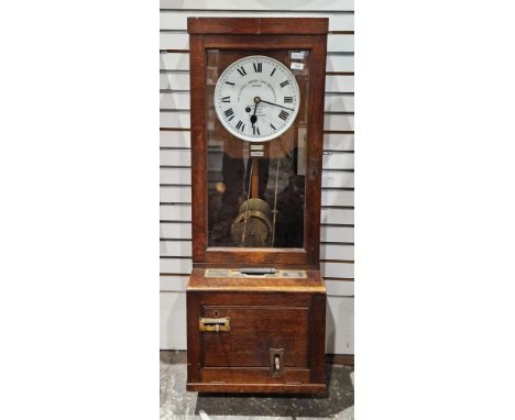 Gledhill-Brook Time Recorders clock&nbsp;in oak and glazed case, having white circular dial, no.59566, 117cm high&nbsp;
