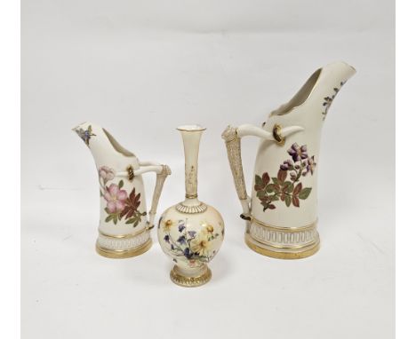 Royal Worcester blush ivory ground vase and two jugs in sizes, circa 1900, printed puce marks, the first as a bottle shaped v