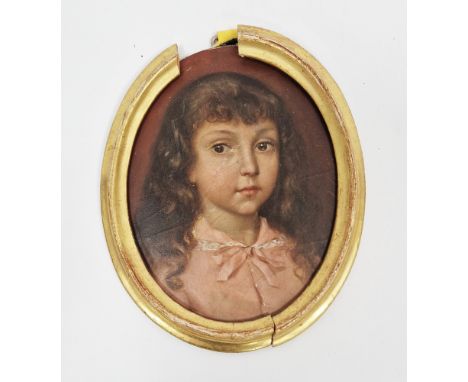 19th century  Oil on card Portrait miniature of young lady, mounted in a gilt frame, 13.5cm x 10cm 