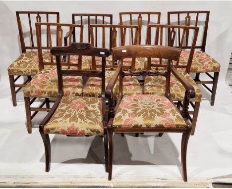 Set of six Georgian-style mahogany railback dining chairs&nbsp;with stuffover seats, upholstered in pink and gold brocade, a&