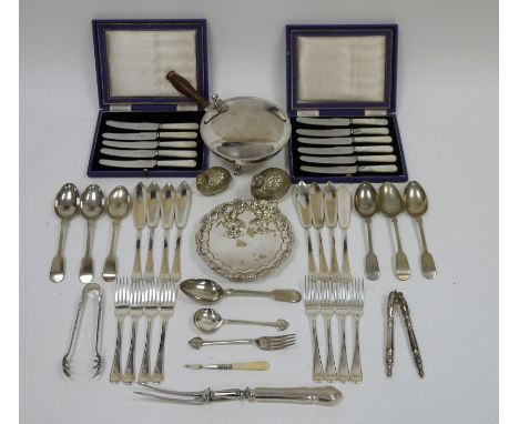 Two sets of mother-of-pearl handled fruit knives, a Mappin &amp; Webb Georgian-style piecrust scalloped small footed salver, 