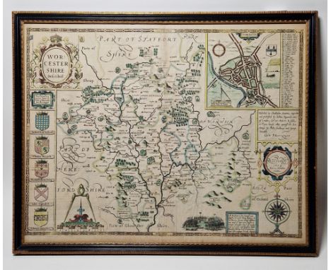 John Speed (1552-1629) Engraving Worcestershire Described, John Sudbury & George Humble (1627), hand-coloured engraved map, a