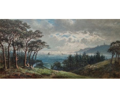 John Barrett (1822-1893) Oil on board Figures before woodland in seascape, signed lower right, 15.5cm x 30.5cm 