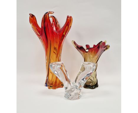 Val St Lambert clear&nbsp; glass V-shaped conjoined candlestick,&nbsp;etched signature to base 17.5cm high, Murano-style ambe