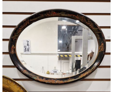 Early 20th century lacquered chinoiserie oval bevelled edged easel mirror, 35cm x 45cm&nbsp;Condition ReportAdditional photos