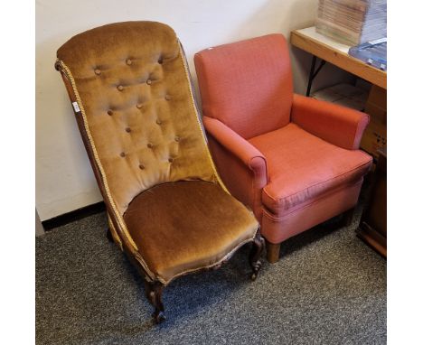 Victorian mahogany slipper chair with button back, upholstered in brown fabric with gold trim, raised on front cabriole claw 