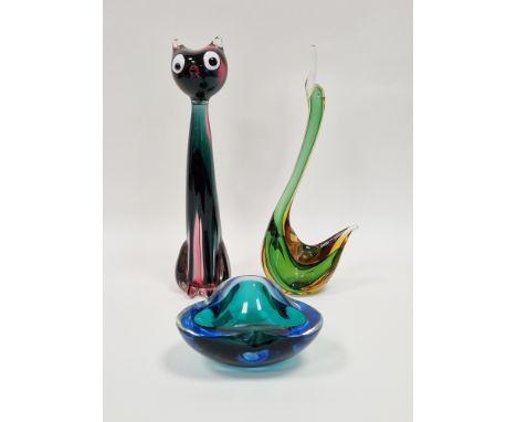 Group of Murano coloured glass, mid century, comprising a quatrefoil green tinted dish (chipped), a model of a seated cat in 