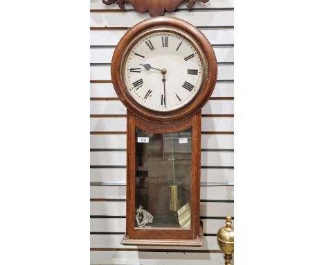 Late 19th/early 20th century oak-cased drop dial wall clock&nbsp;having Roman numerals, glazed case below, eight-day fusee mo