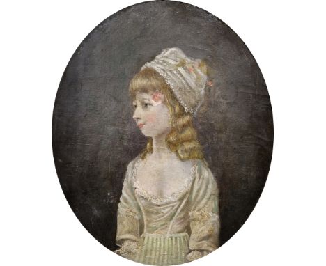 19th century school Oil on canvas Half-length portrait of a young girl, unsigned, oval framed, 29cm x 23.5cm