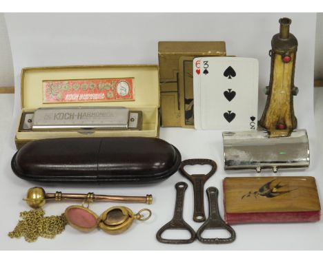 Koch chromatic harmonica in original box,&nbsp;three vintage bottle openers, a chrome coin purse,&nbsp;a 19th century gilt me