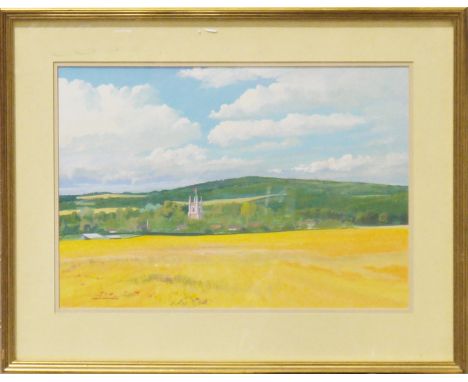 Hugh K. Harwood Acrylic and gouache on paper Rural landscape with church in distance, signed and dated '83 lower left, framed