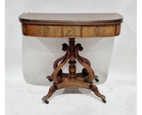 Late Regency mahogany and rosewood cross-banded folding card table, rectangular, baize lined with ebony and boxwood stringing