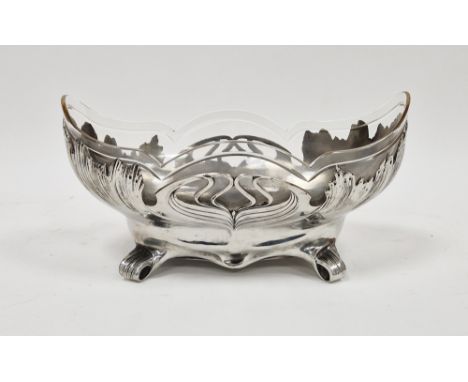 Early 20th century Art Nouveau Orivit pewter fruit dish&nbsp;of oval form, no.2281, with original glass liner, 33cm wide&nbsp