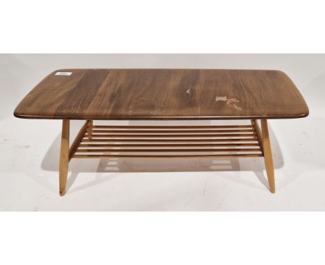 Ercol 459 'Golden Dawn' coffee table, solid elm and beech, with lower tier magazine rack, height 37cm, length 104cm, width 46