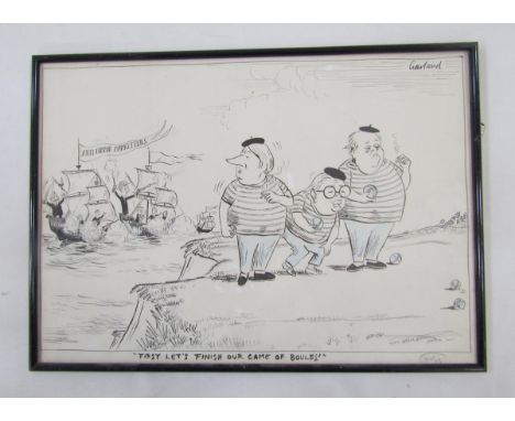 Nicholas Garland (1935), pen, ink and crayon on paper, 'First Let's Finish Our Game of Boules', signed upper right and titled