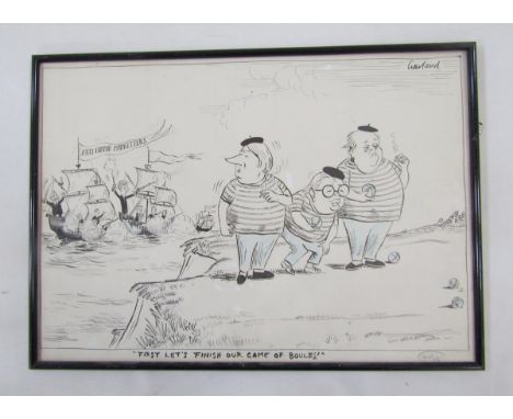 Nicholas Garland (1935), pen, ink and crayon on paper, 'First Let's Finish Our Game of Boules', signed upper right and titled