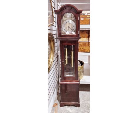 Mahogany-cased reproduction granddaughter clock&nbsp;with Tempus Fugit in the arch, two cylindrical weights behind glazed doo