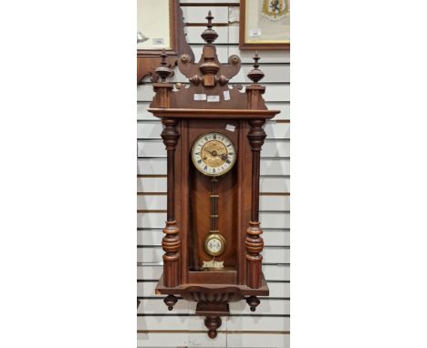 Late 19th century Vienna regulator-style mahogany cased wall clock&nbsp;with three finials to the cresting, cream ivorine cha