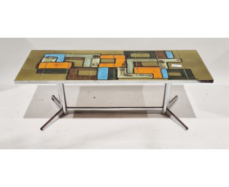Mid century tile-topped and metal framed coffee table, probably by Denisco, Belgium, 41cm x 121cm x 45.5cm