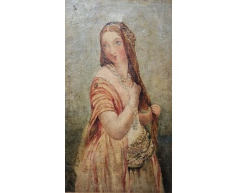 19th century school Oil on canvas Three-quarter length portrait of a girl wearing beaded cap, shawl and pearls, unsigned, fra