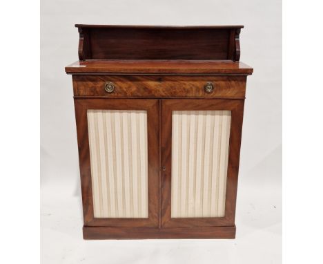 19th century mahogany small chiffonier with raised ledge back, one long drawer having brass drop ring handles and cupboard be